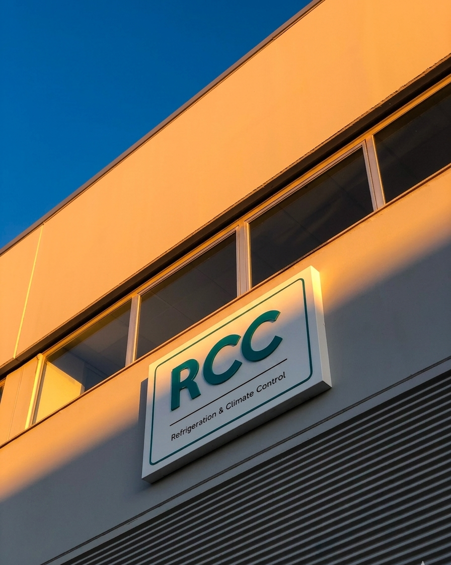 Fachada de la sede de RCC en Paterna, Valencia, al atardecer