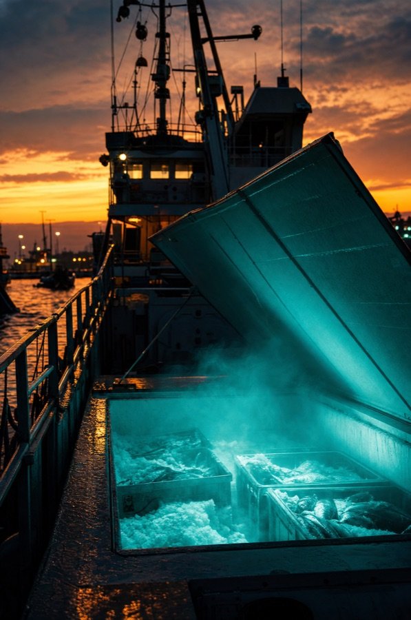 Bodega refrigerada de barco pesquero al atardecer