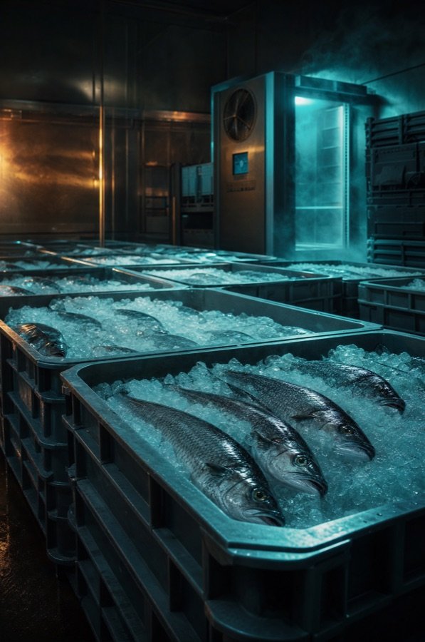 Pescado en hielo en cámara fría